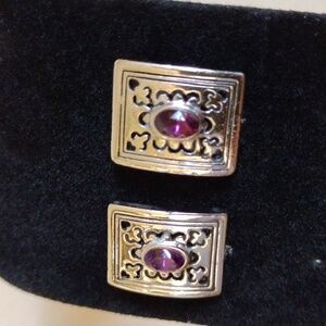 Lady Remington Silver Tone Post Earrings with Faceted Purple Glass Centers LR